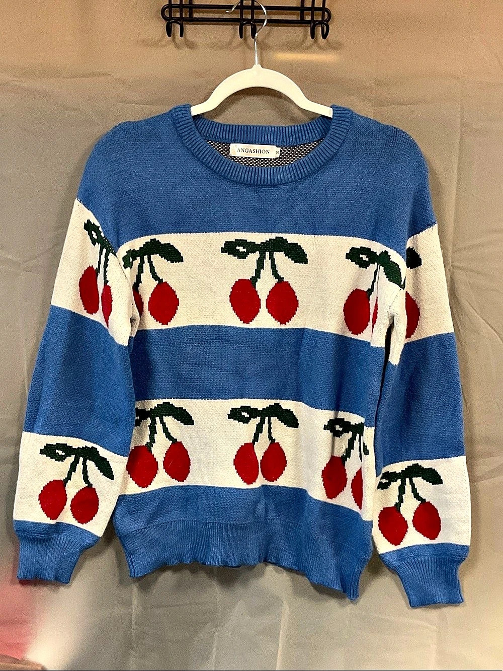 Angashion Cherry Color Block Sweater in Blue & White